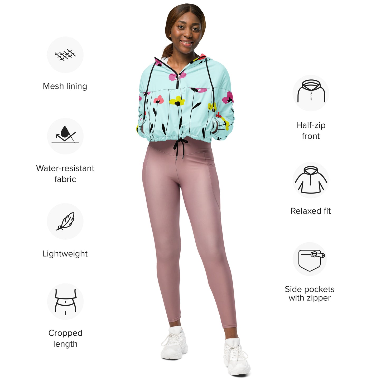 Women’s short-fit light blue windbreaker jacket with floral print on front