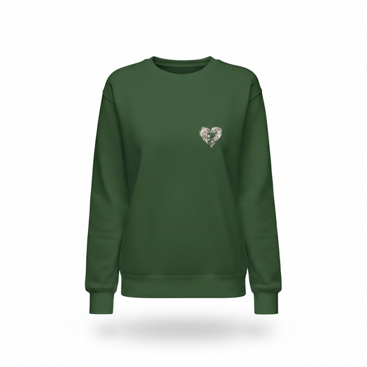 Women’s Green Crewneck Sweatshirt with Embroidered Heart