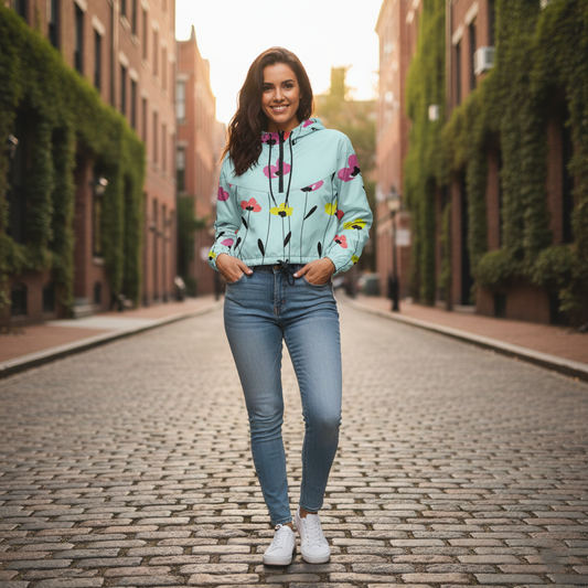 Women's Light Blue Floral Windbreaker – Short Fit Jacket