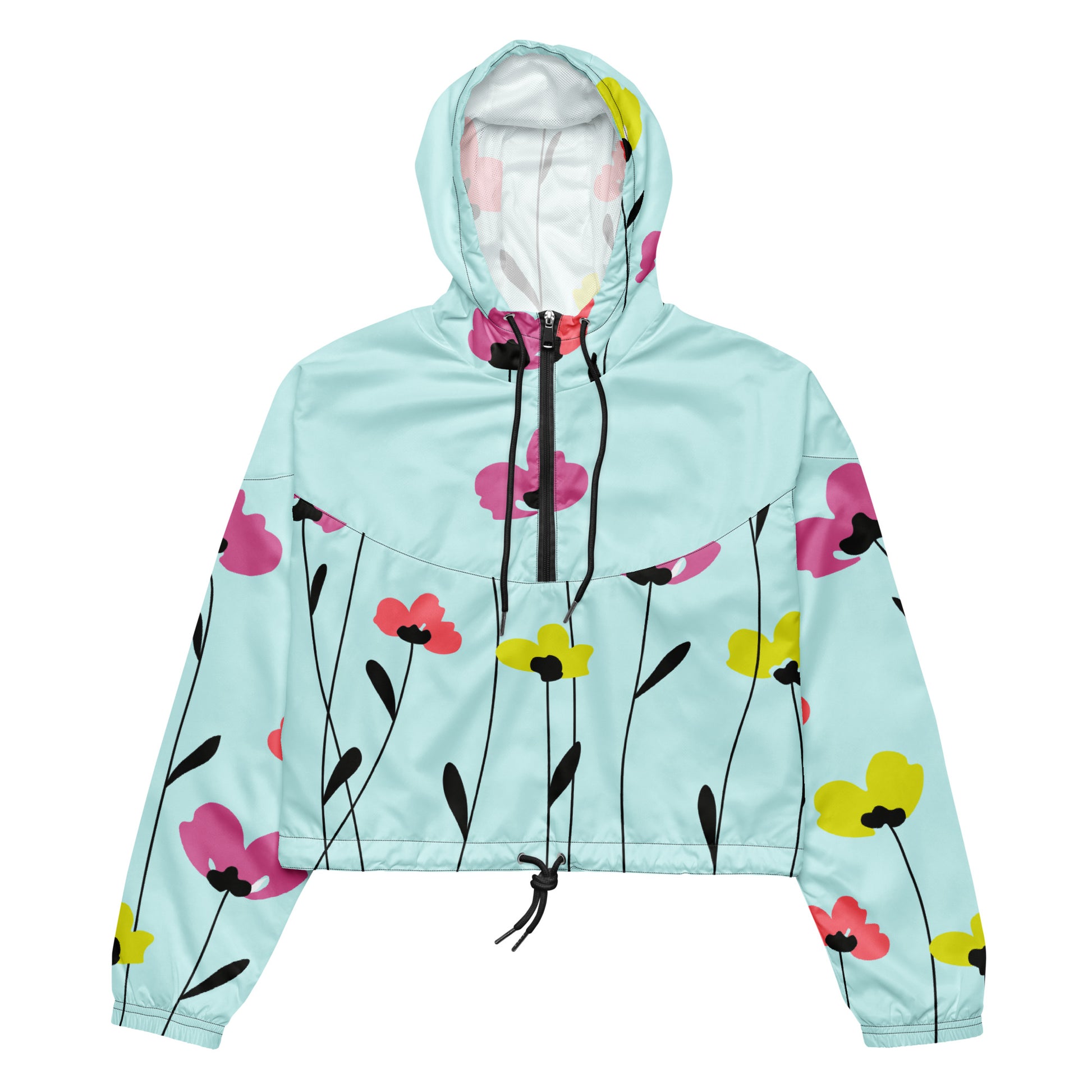 Women’s short-fit light blue windbreaker jacket with floral print on front