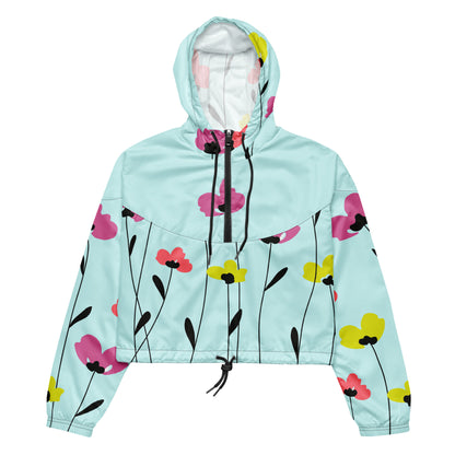 Women’s short-fit light blue windbreaker jacket with floral print on front