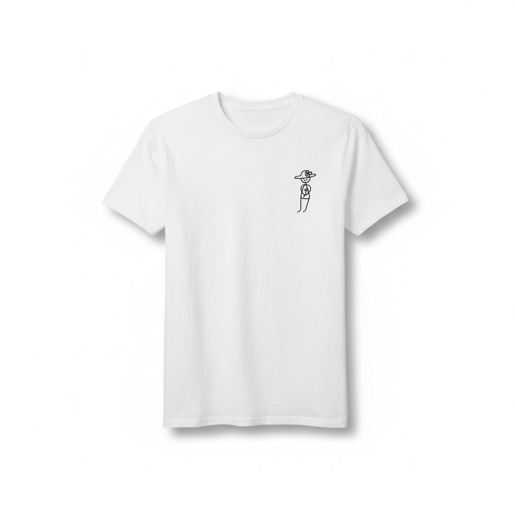 Men’s t-shirt with stick figure holding a flower graphic on front