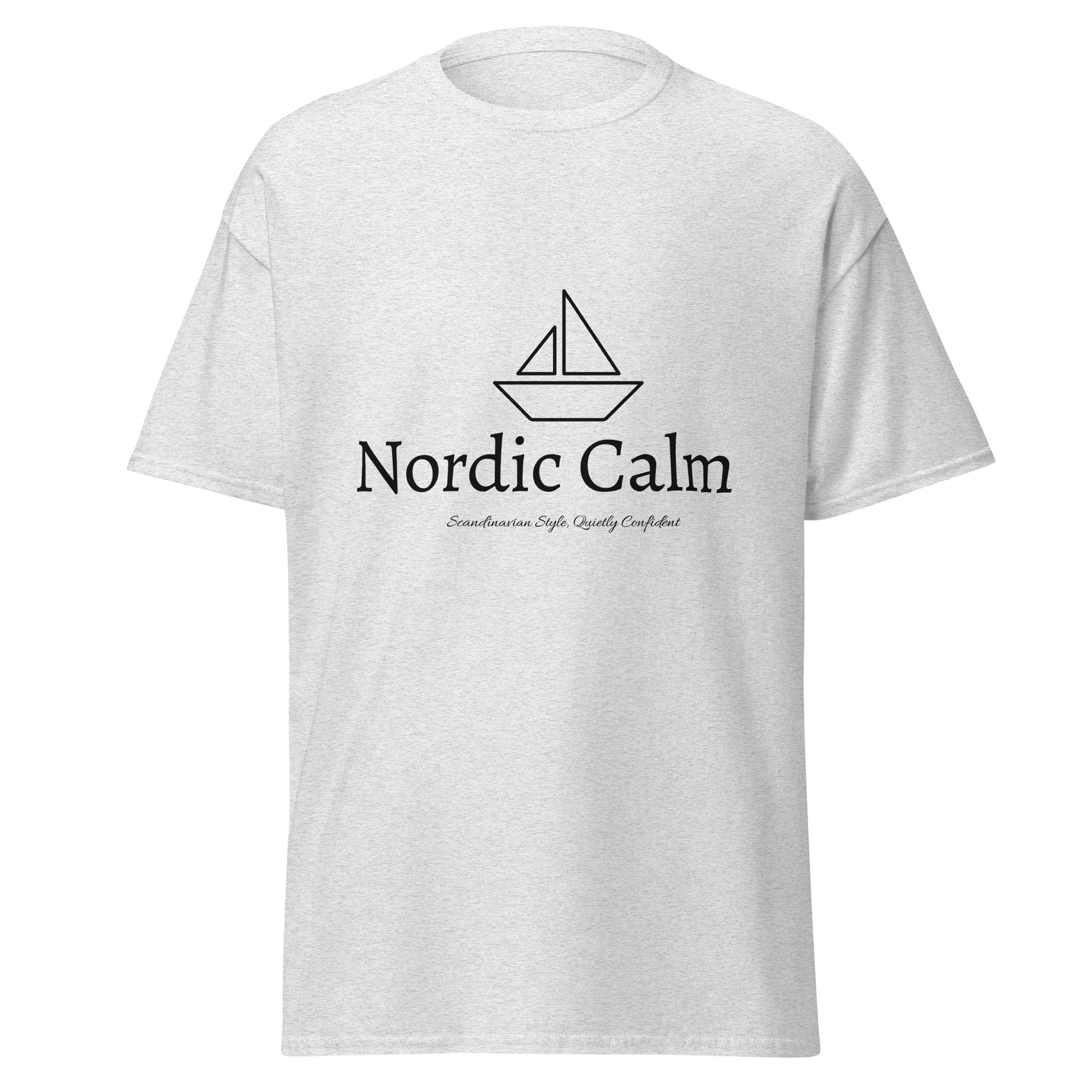 Men’s t-shirt with minimalist sailboat graphic and ‘Nordic Calm’ text on front.