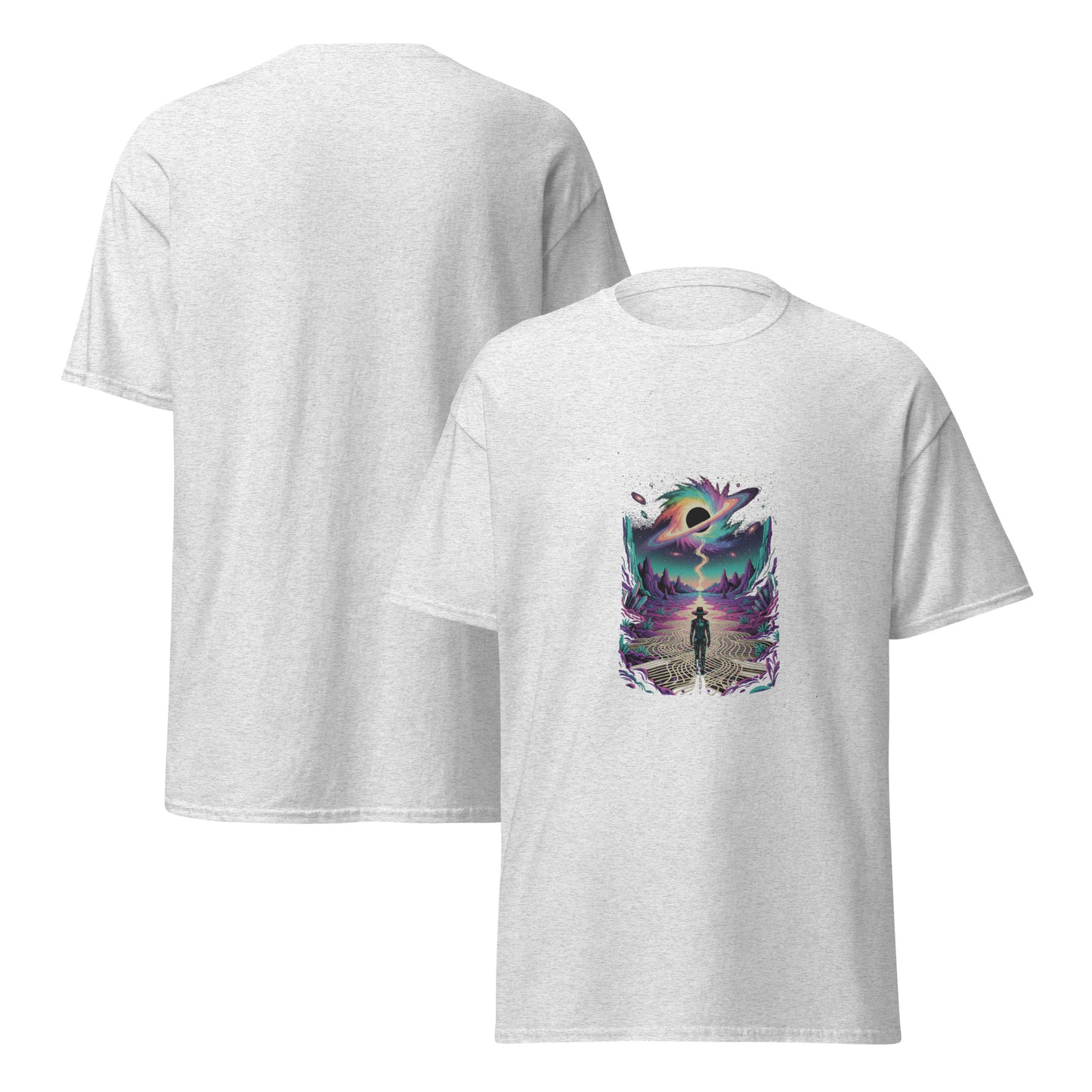 Men’s t-shirt with psychedelic graphic of man walking on a trail