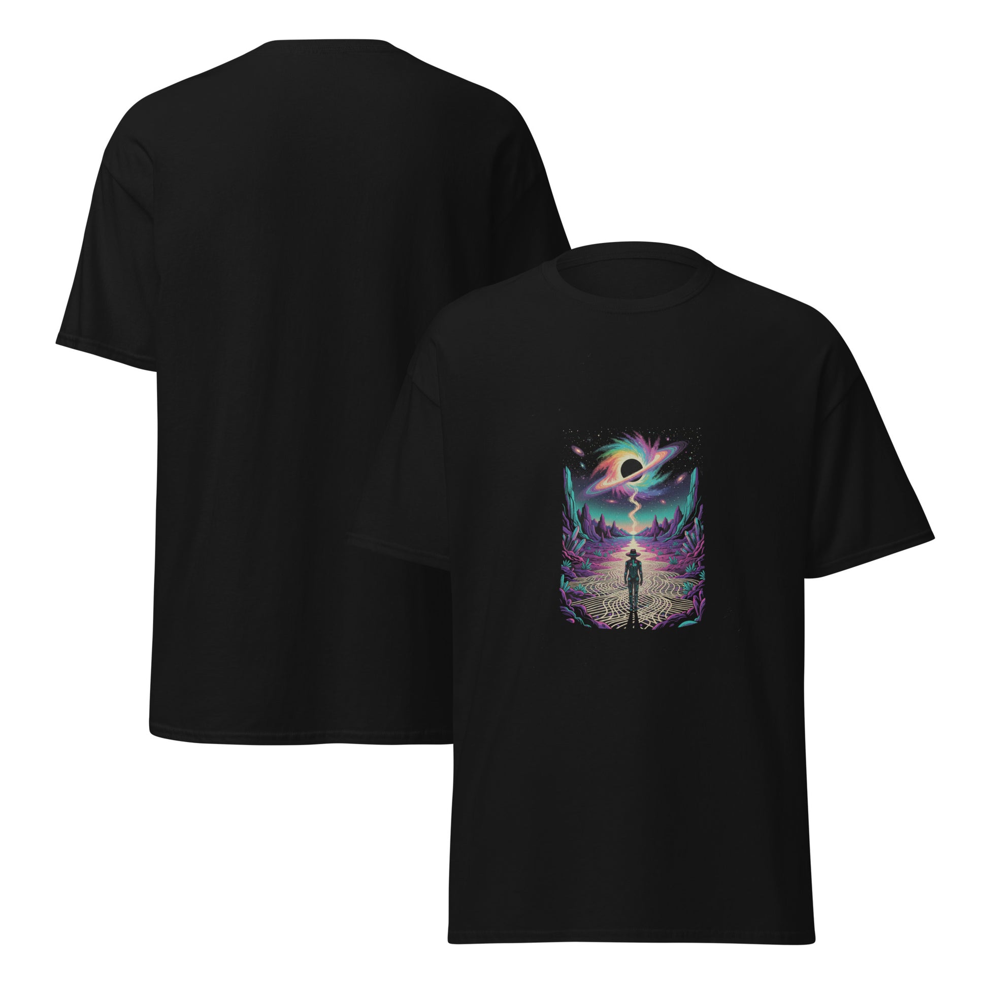 Men’s t-shirt with psychedelic graphic of man walking on a trail