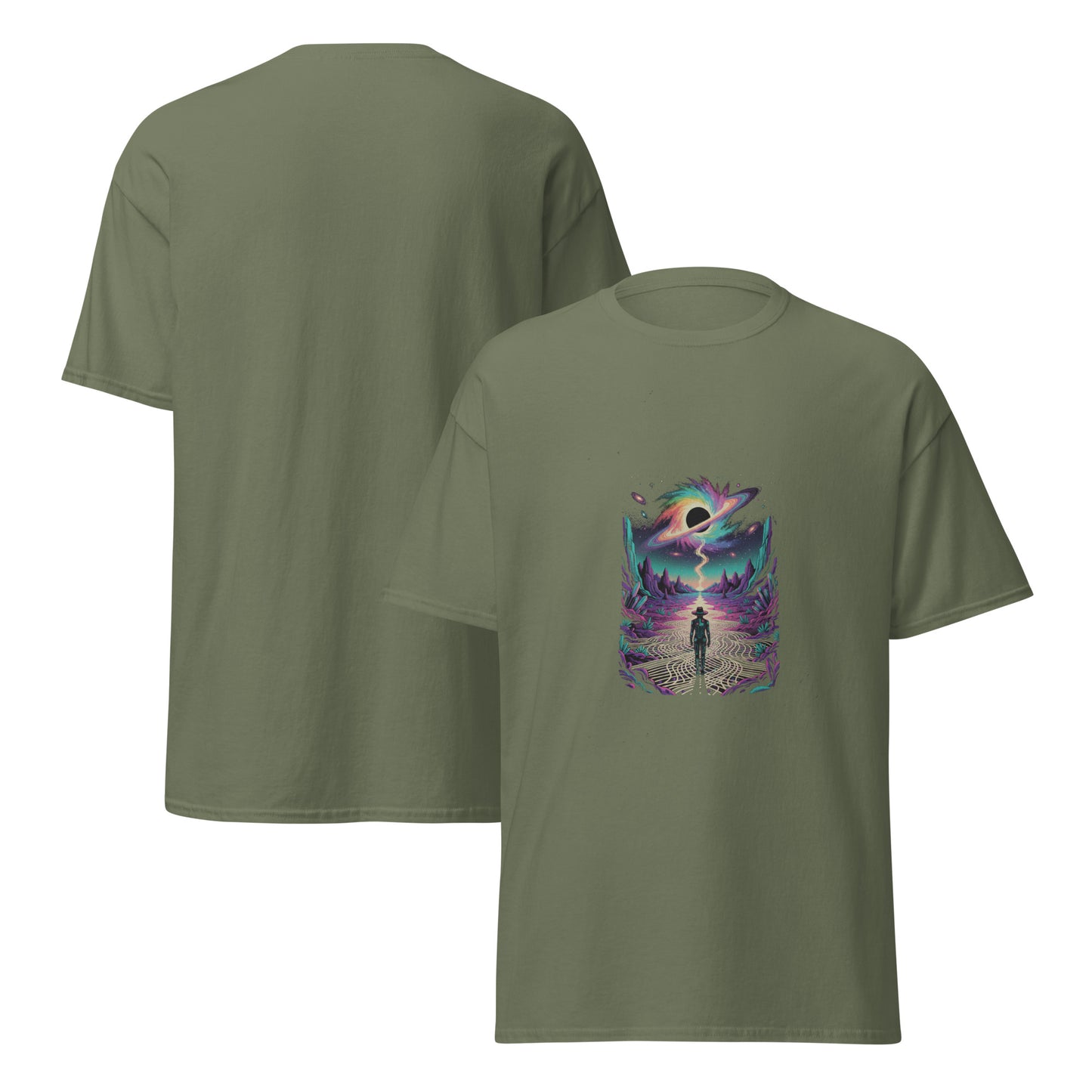 Men’s t-shirt with psychedelic graphic of man walking on a trail