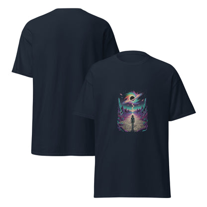 Men’s t-shirt with psychedelic graphic of man walking on a trail